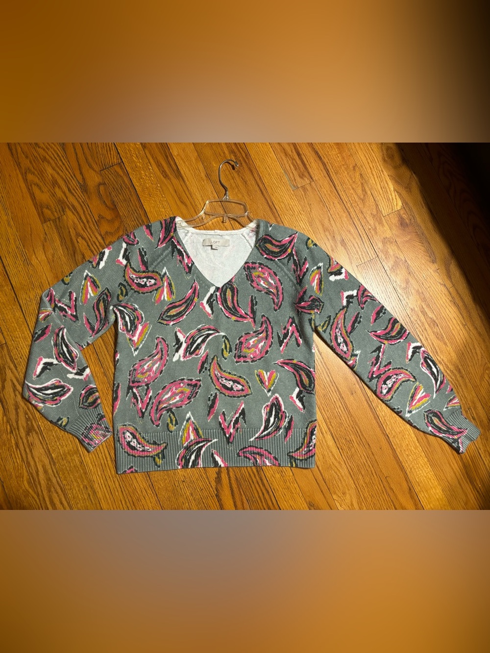LOFT Sage Green V-Neck Sweater with Pink Paisley Accents - Picture 5 of 10